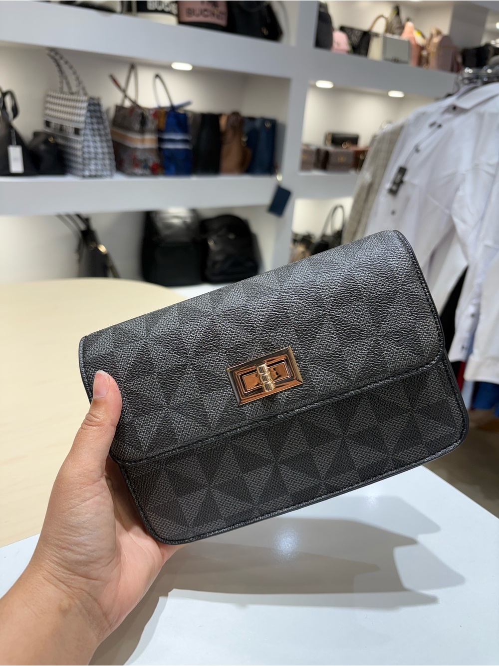 Textured Black Crossbody Bag with Gold-Tone Turnlock